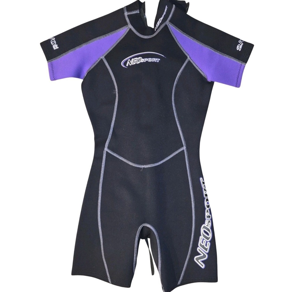 Neosport Womens 2mm Shorty Wetsuit Size 6 Black Purple Surf Scuba‎ Snorkel